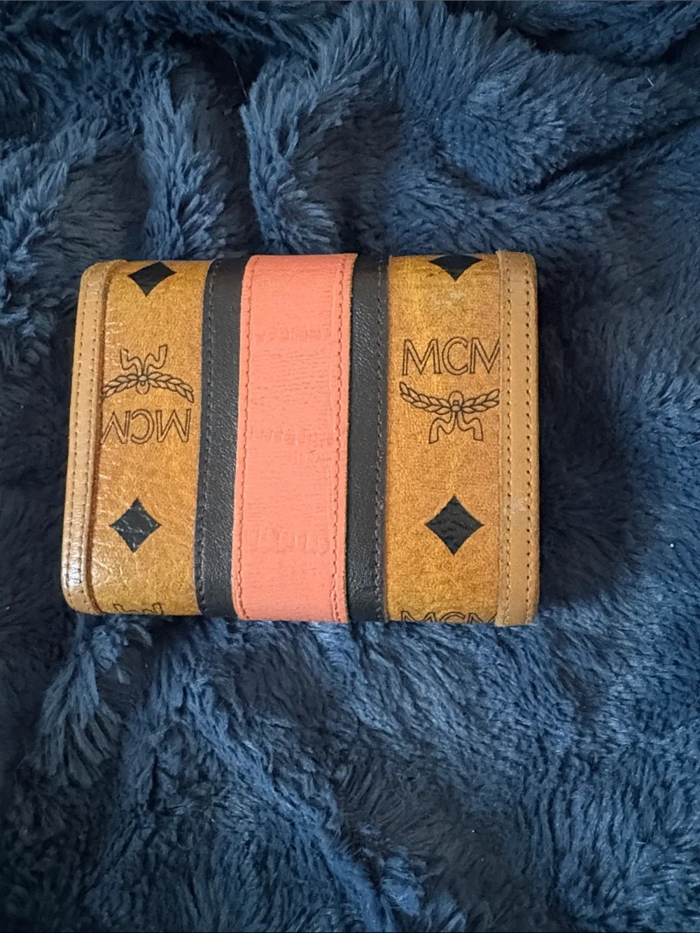 MCM Brown Monogram Trifold Wallet with Pink and Black Stripes